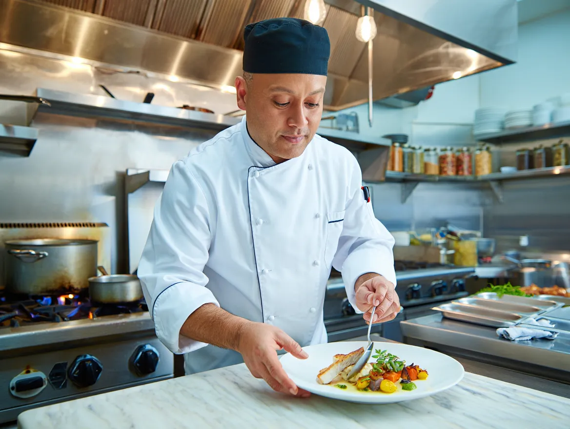 Chef preparing gourmet food in a professional kitchen