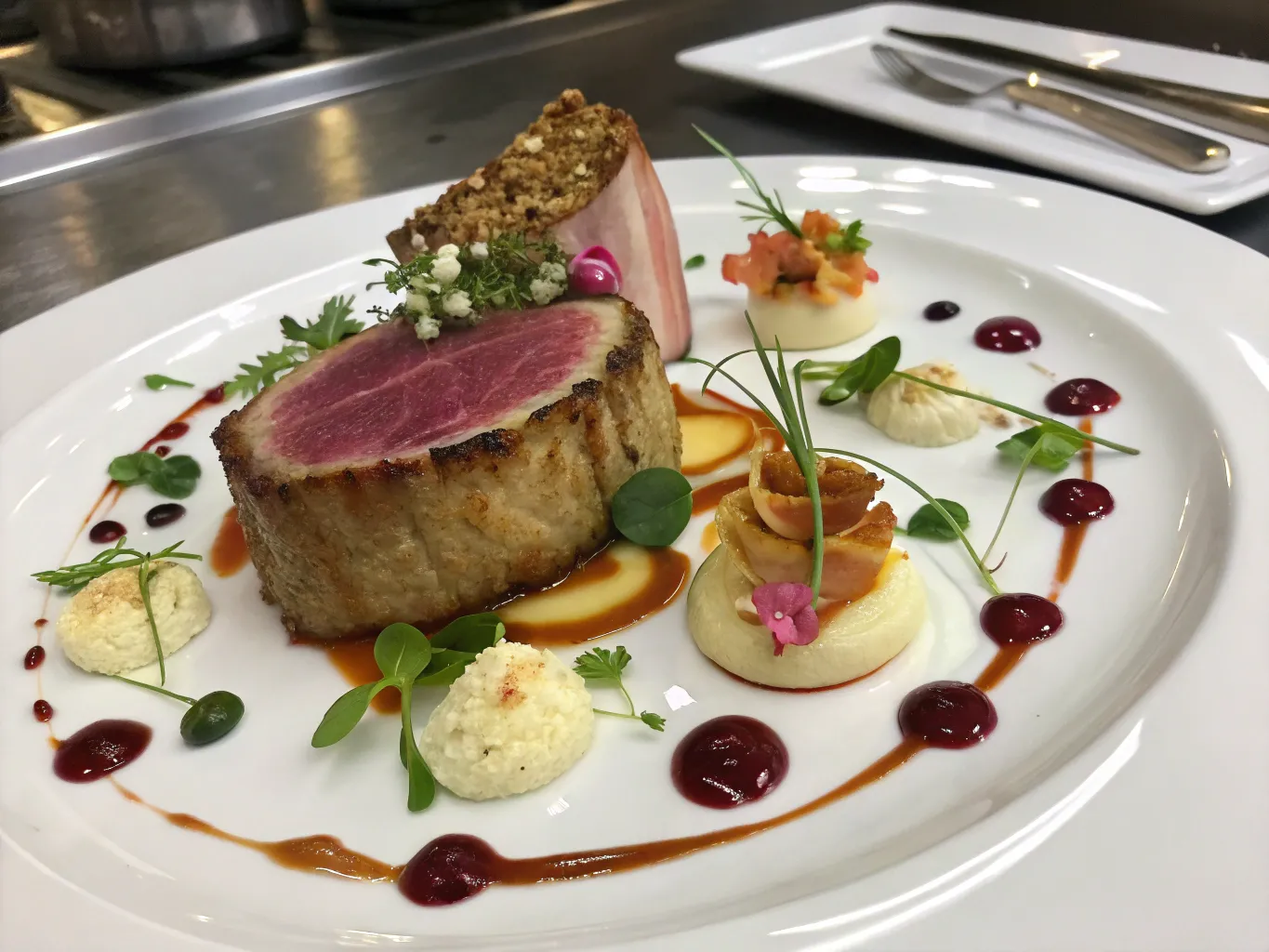 Formally plated main course with elegant presentation